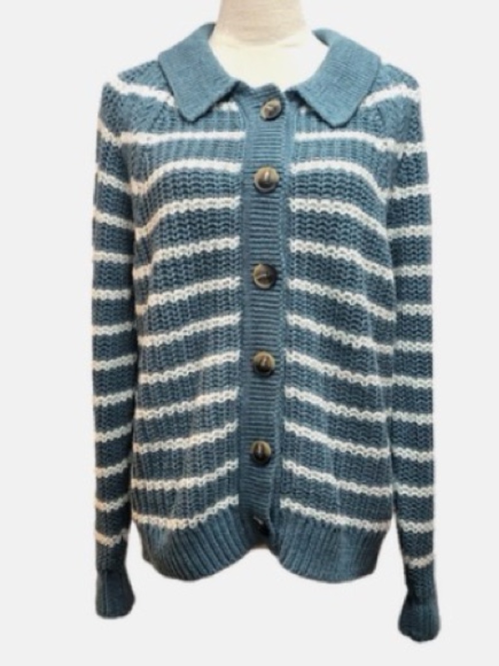 Garnet Hill Maren Linen & Cotton Cardigan Blue & White Striped